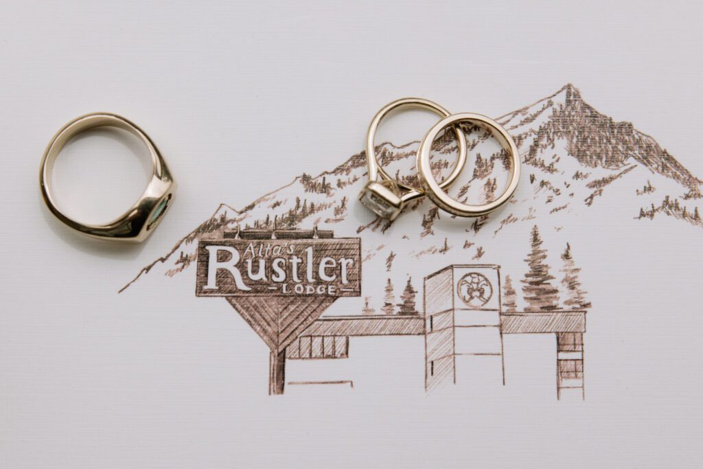 Rings on custom invitation showing the venue