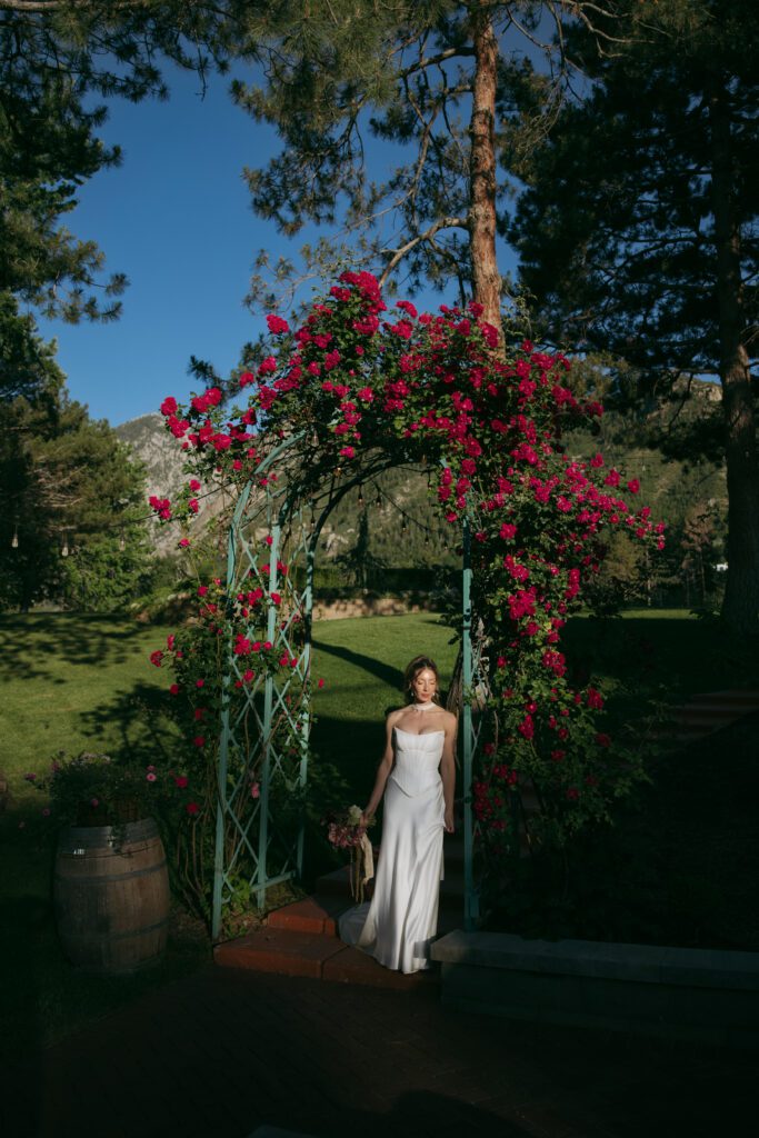 June bridal portraits of M and C among the green gardens at La Caille.